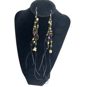 Dangle Earrings Shoulder Duster Long Boho Glass Wood Beads Yellow Green Pink OOA